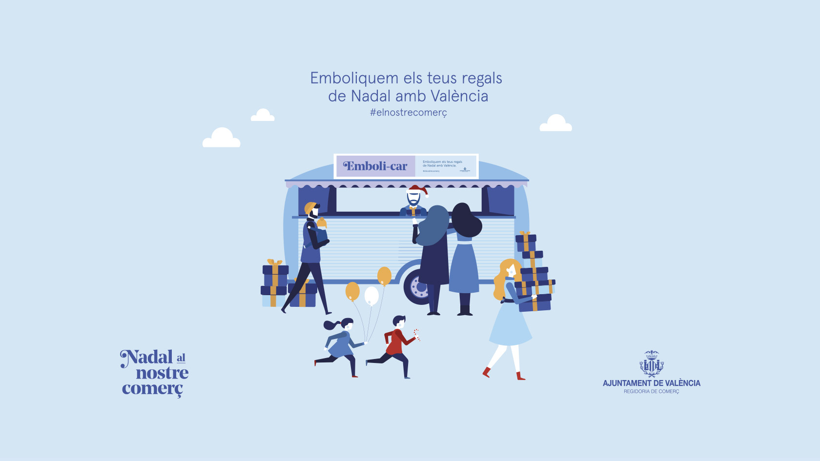 Campaña de publicidad Navidad 2018 - Campaña de comunicación Ayuntamiento de Valencia - Diseño de ilustración Nadal al nostre comerç - Estudio de diseño gráfico Valencia Pixelarte